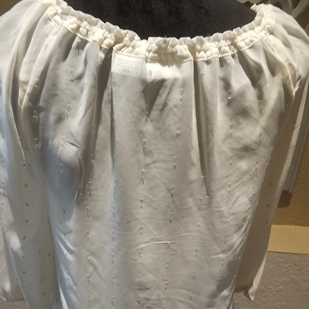 Liz Claiborne S Cream Peasant Blouse Gold Metallic Romantic Cottagecore Top - Picture 9 of 14